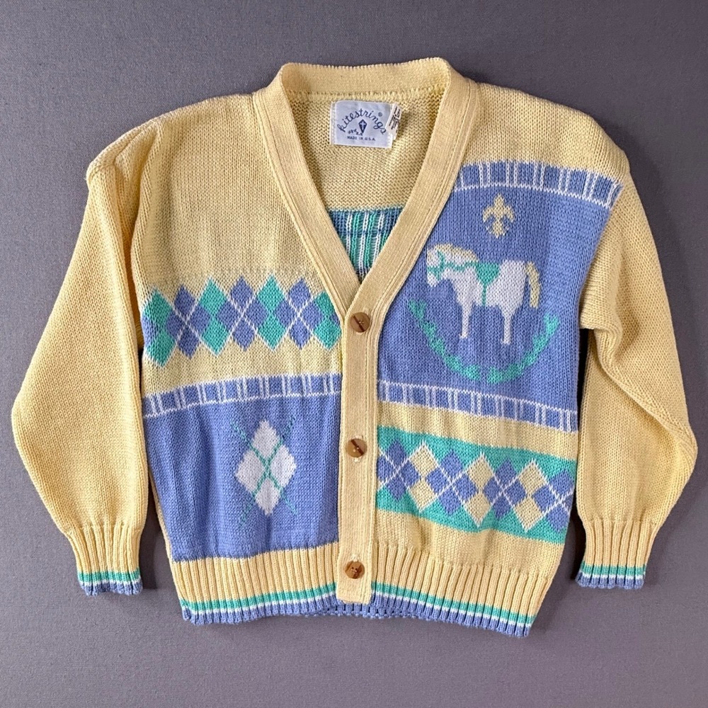 Vtg Kitestrings Cardigan Sweater Kids 4T Yellow Argyle Horse Cotton USA
